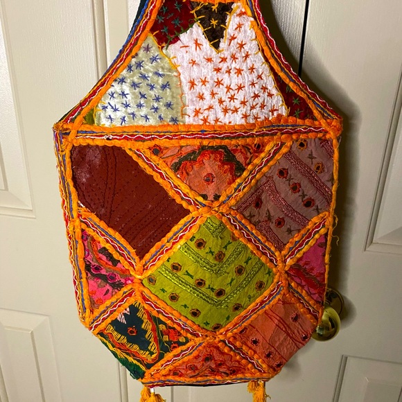 Boho, orange, yellow, tan, patchwork, shoulder bag w/ fringe - Picture 2 of 5
